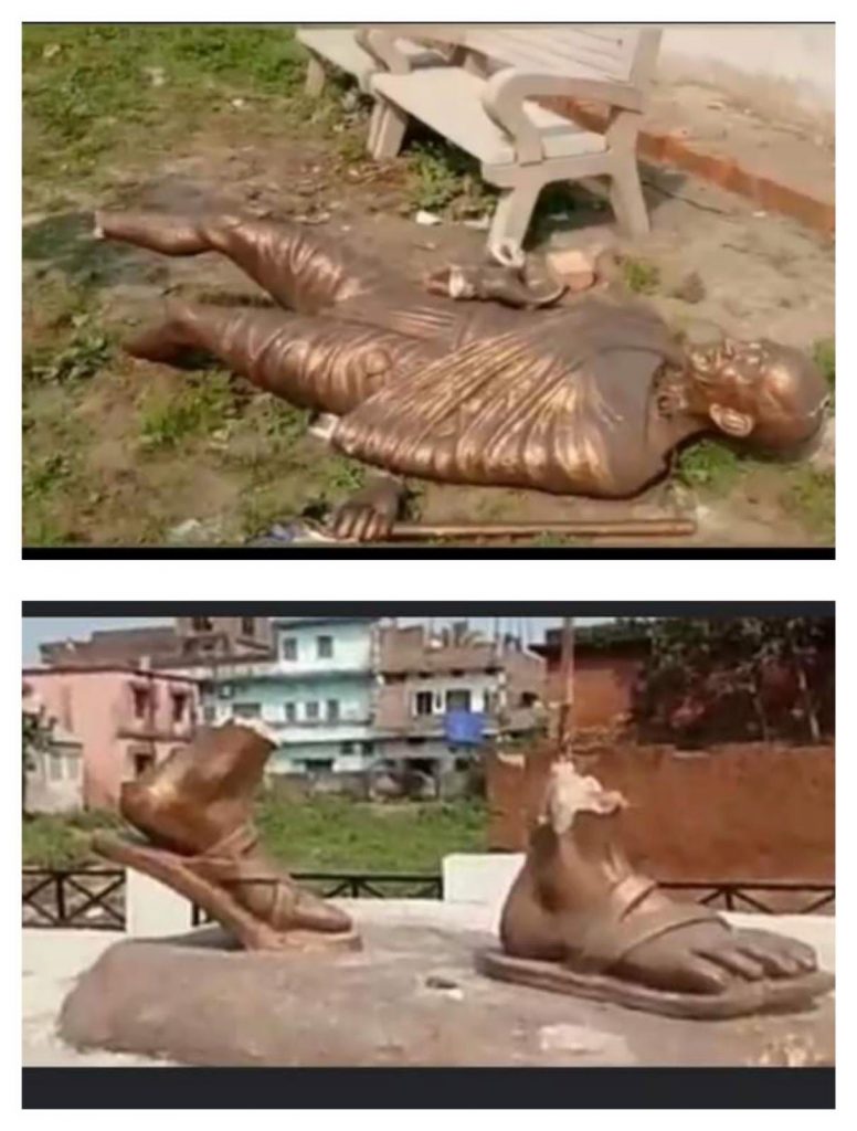 Gandhi Statue broken in two parts 