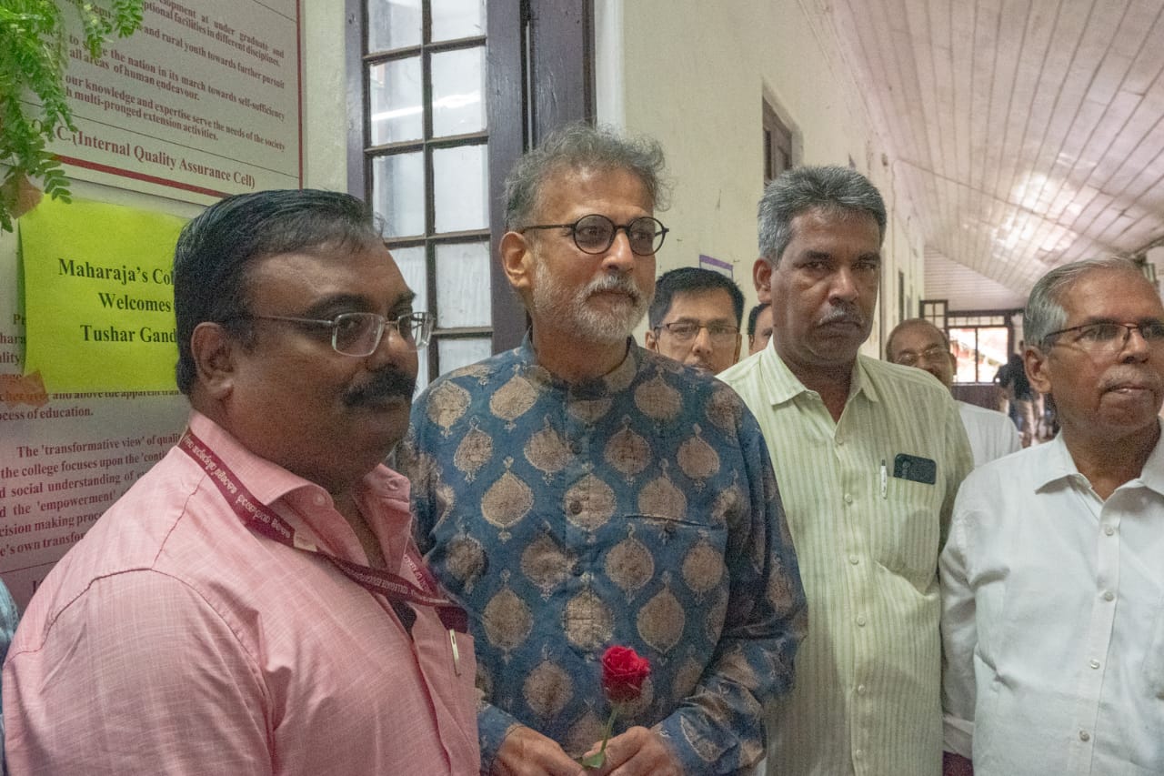 Principal Dr.V.S.Joy and others receiving Tushar Gandhi at the Old Principal's office of Maharaja's College , Ernakulam where Mahatma Gandhi visited 95 years ago
