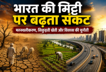 सूखी फटी जमीन, किसान, हरे खेत और एक्सप्रेसवे के साथ भारत की मिट्टी पर बढ़ते संकट का प्रतीकात्मक चित्र।