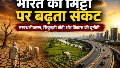 सूखी फटी जमीन, किसान, हरे खेत और एक्सप्रेसवे के साथ भारत की मिट्टी पर बढ़ते संकट का प्रतीकात्मक चित्र।