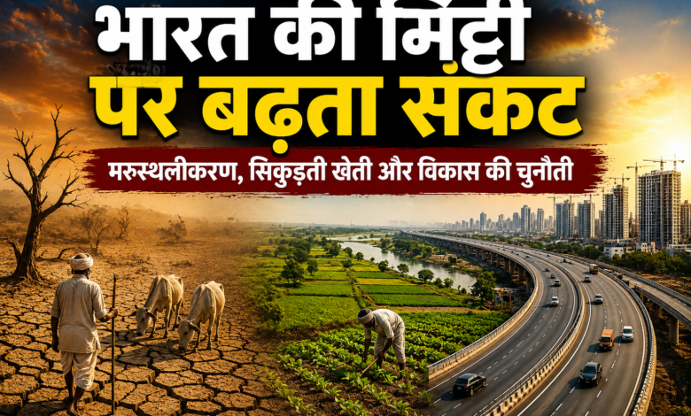 सूखी फटी जमीन, किसान, हरे खेत और एक्सप्रेसवे के साथ भारत की मिट्टी पर बढ़ते संकट का प्रतीकात्मक चित्र।