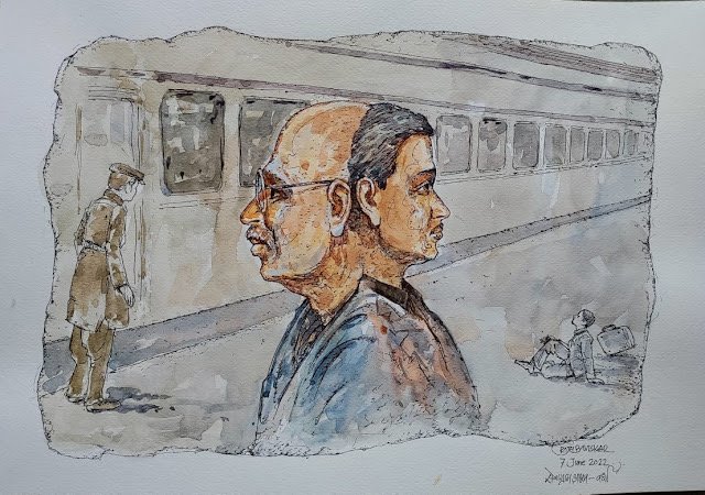 Pietermaritzburg Rail Episode — twin statues installed at the entrance of the station. Illustrated by Artist Raju Baviskar at Anandshala Camp, Sevagram Ashram Pratishthan.