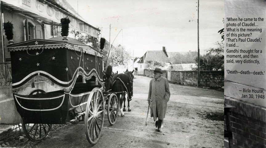 The image depicts the French poet and diplomat Paul Claudel walking past an elaborate, horse-drawn funeral hearse in the Auvergne-Rhône-Alpes region of southeastern France. 